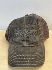 Maker's Mark Whiskey Trucker Hat Cap Snapback Brown Mesh Faux Leather Distressed