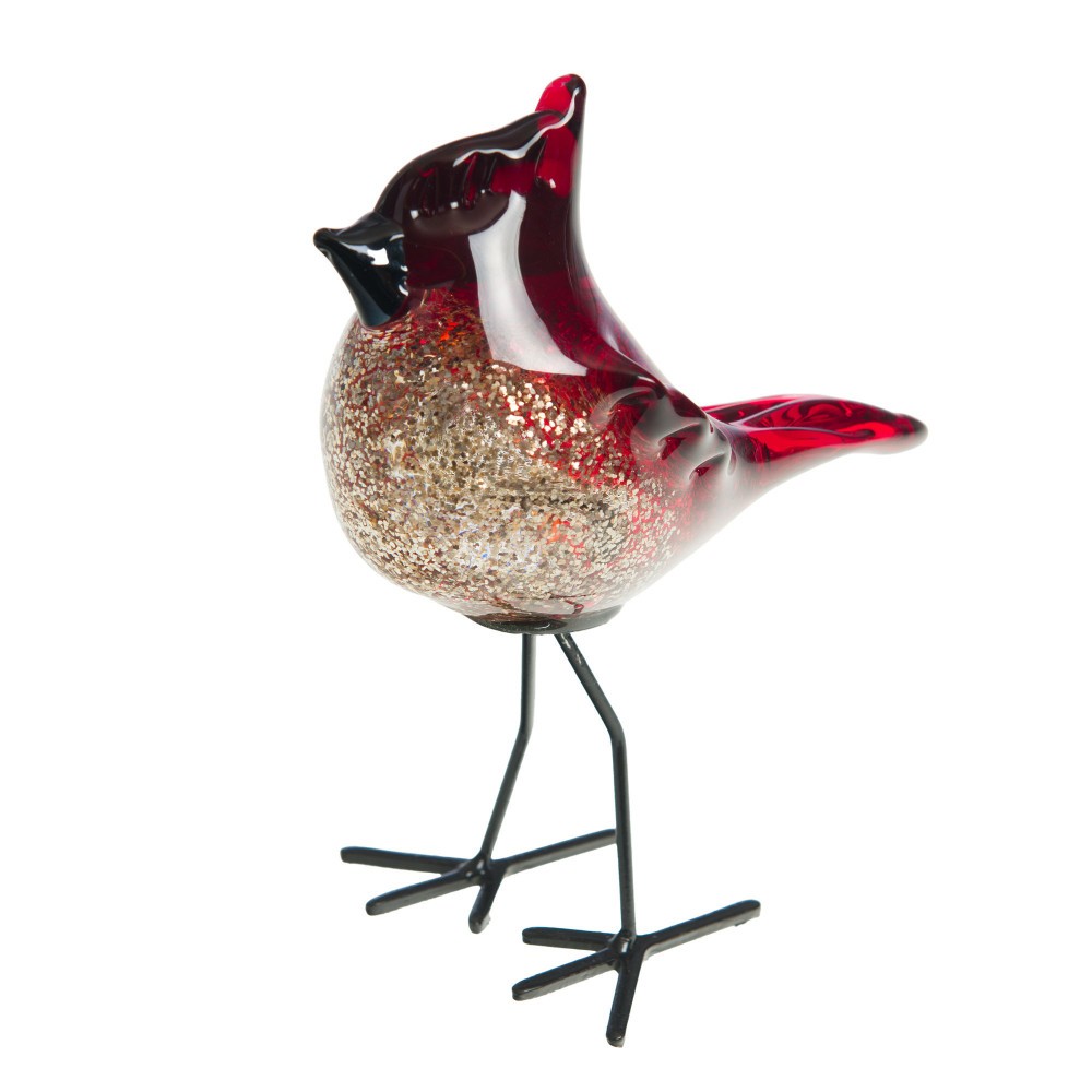 Oiseau sulfure en verre d'art décoratif fait main avec crête rouge de 13cm