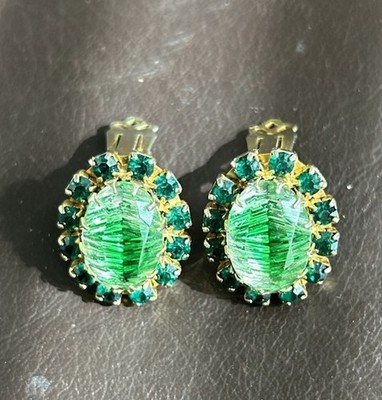 Vintage Clip On Earrings Green Striated Stone Surrounded By Green Rhinestones