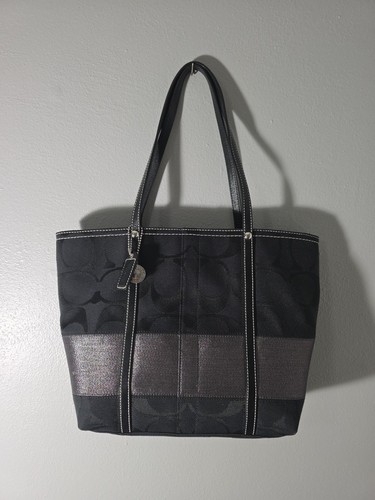 Coach Legacy Black Silver Strip Signature Tote Bag Purse - 第 1/7 張圖片