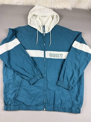 OBEY Worldwide Windbreaker Jacket Mens M Teal White Hooded Full Zip Streetwear