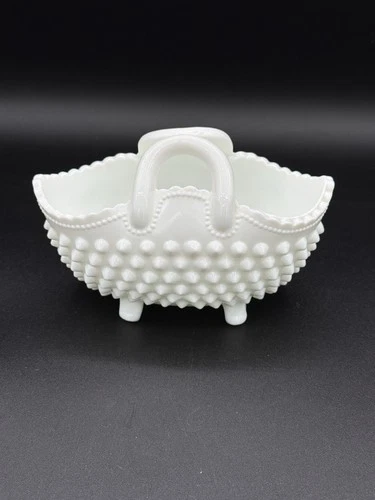 Vtg Fenton Hobnail White Glass Oval Footed Double Folded Handle Basket Bx3 #207