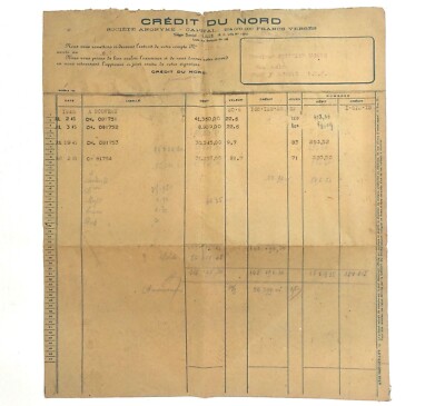 Credit du Nord Bank Account Statement 1945