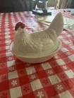 Vtg White Milk Glass Hen On Nest Covered Dish 7.5" butter sugar Candy Dish 1900s