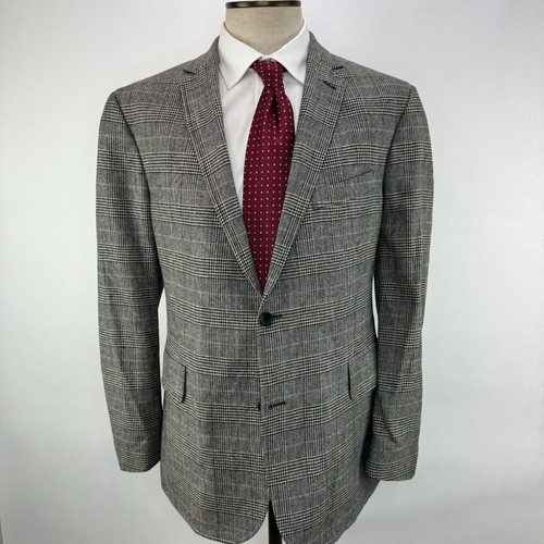 Lands’ End Glen Plaid Blazer 46R Moon Fabric Blue Windowpane Wool Sport Coat - Picture 2 of 12