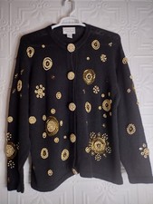 VTG Fitting Image Black/ Gold Sequin Beaded Button Up Sweater Women's Size 14/16