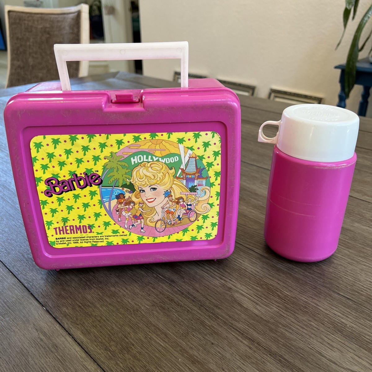 Vintage 80s 1988 Pink Plastic Hollywood Barbie Lunch Box Thermos