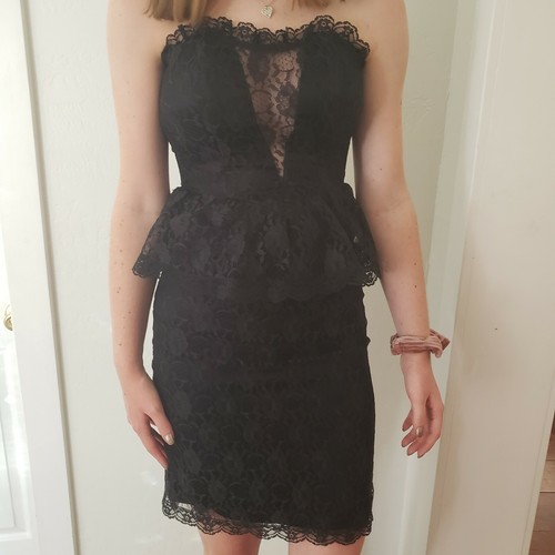 Gunne Sax, Gunne Sax Jessica Mcclintock Vintage Black Lace Dress Strapless Peplum XXS 00