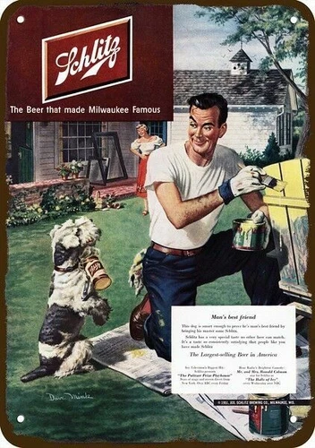 1951 Dog Brings Man SCHLITZ BEER Vintage-Look-Edge DECORATIVE REPLICA METAL SIGN