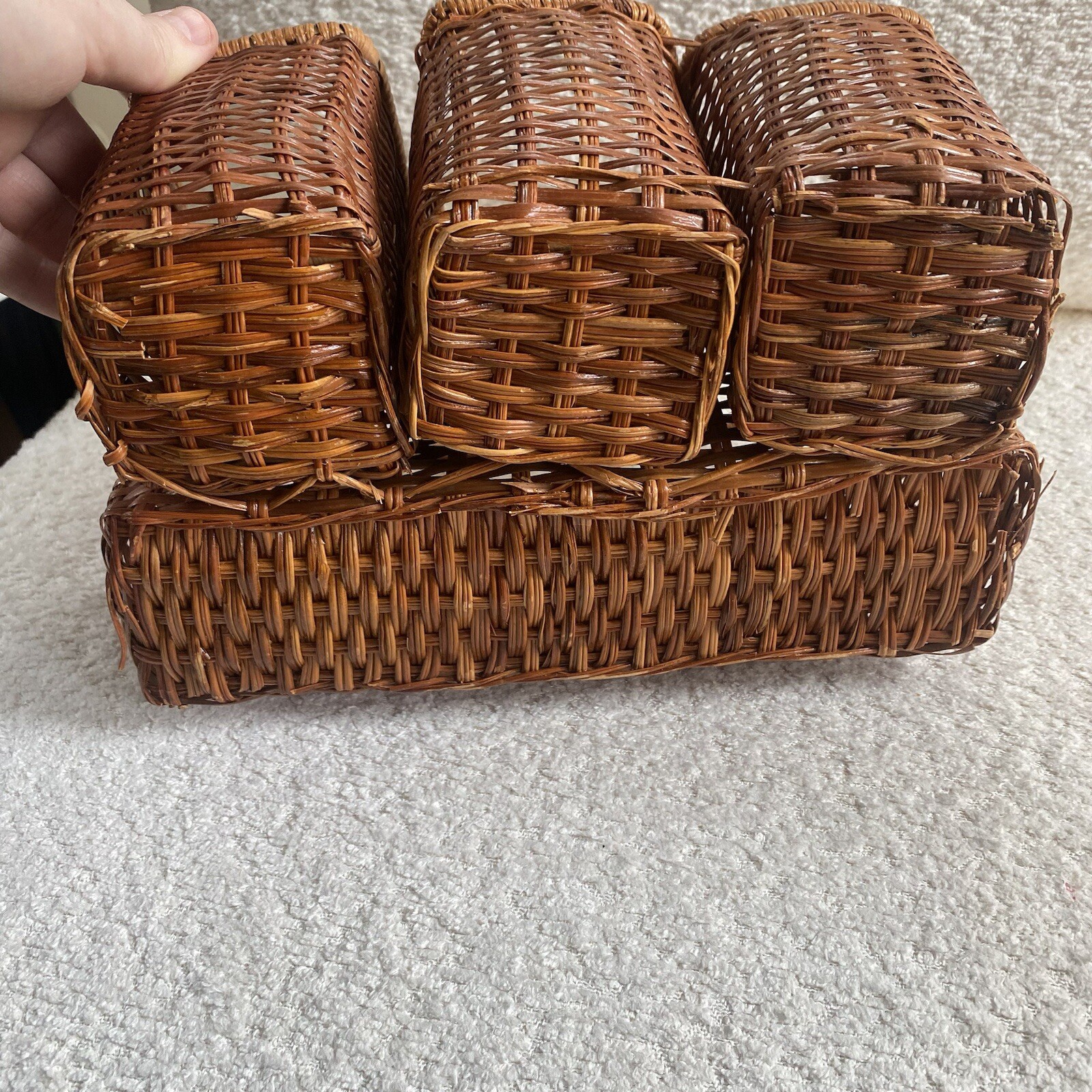 VTG Woven Wicker Cutlery Caddy Napkins Utensil Holder Handled Basket Tote