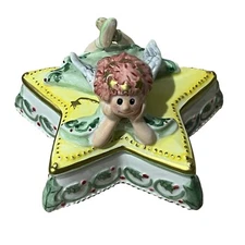 Fitz & Floyd Moonbeams Angel Small Trinket Box with Lid Christmas Holly 2 Piece