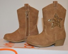 GIRLS JUMPING BEANS FAUX TAN SUEDE COWGIRL BOOTS SIZE 5T GLITTER STAR ZIPS