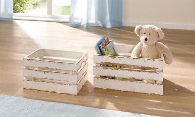 Holz Aufbewahrungs Kiste creme weiß Shabby Look 2x Wein Obst Apfel Box Regal