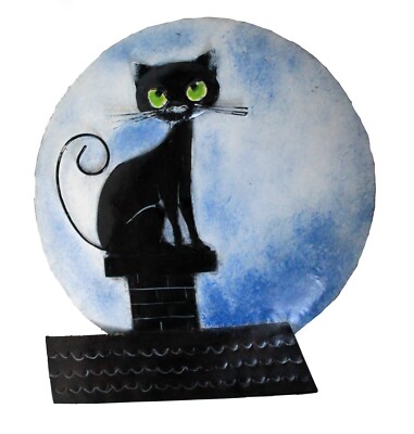 Moderne Metall Wandbild Deko Skulptur SCHWARZE KATZE Dach VOLLMOND 43 cm Neu