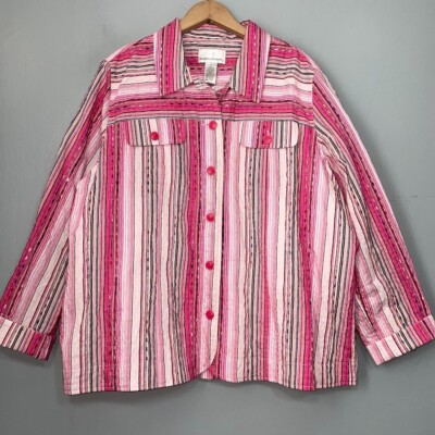 Drapers & Damons Plus Size 1X Pink Crinkle Striped Button Up Boxy Shirt Jacket