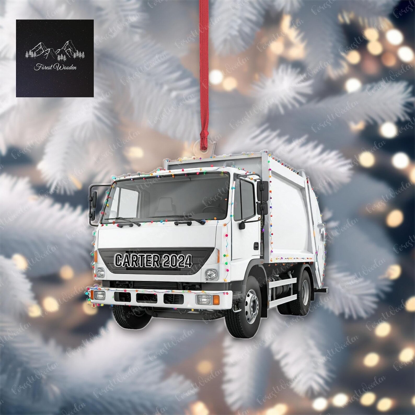 Personalized White Garbage Truck Ornament Flat 2d Trash Truck Ornament