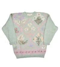 Melbourne Elements Sweater Womens S Mohair Wool Floral Green Crewneck Jumper vtg