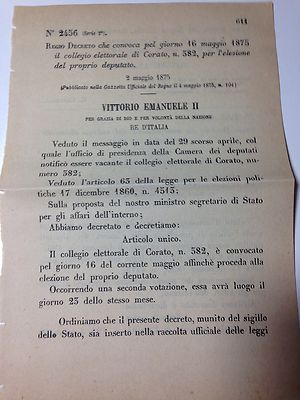 Königliches Dekret 2/05/1875 Einberufung Des Wahlkollegiums In Corato -762