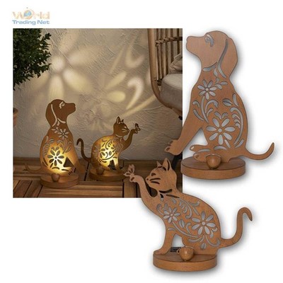 LED Solar Garten-Figuren Hund & Katze beleuchtet aus Metall, Edel-Rost-Optik IP4