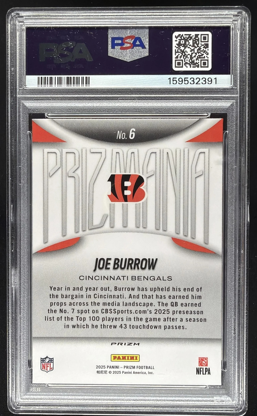 2025 Panini Prizm Joe Burrow #6 Prizmania SP PSA 9 view 2