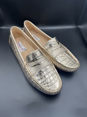 SAKS FIFTH AVENUE Croc Embossed Leather Penny Driving Loafers Golden Size 7
