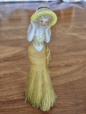 Porcelain Art Deco Flapper Half Doll Brush w/Nylon Skirt - EXC
