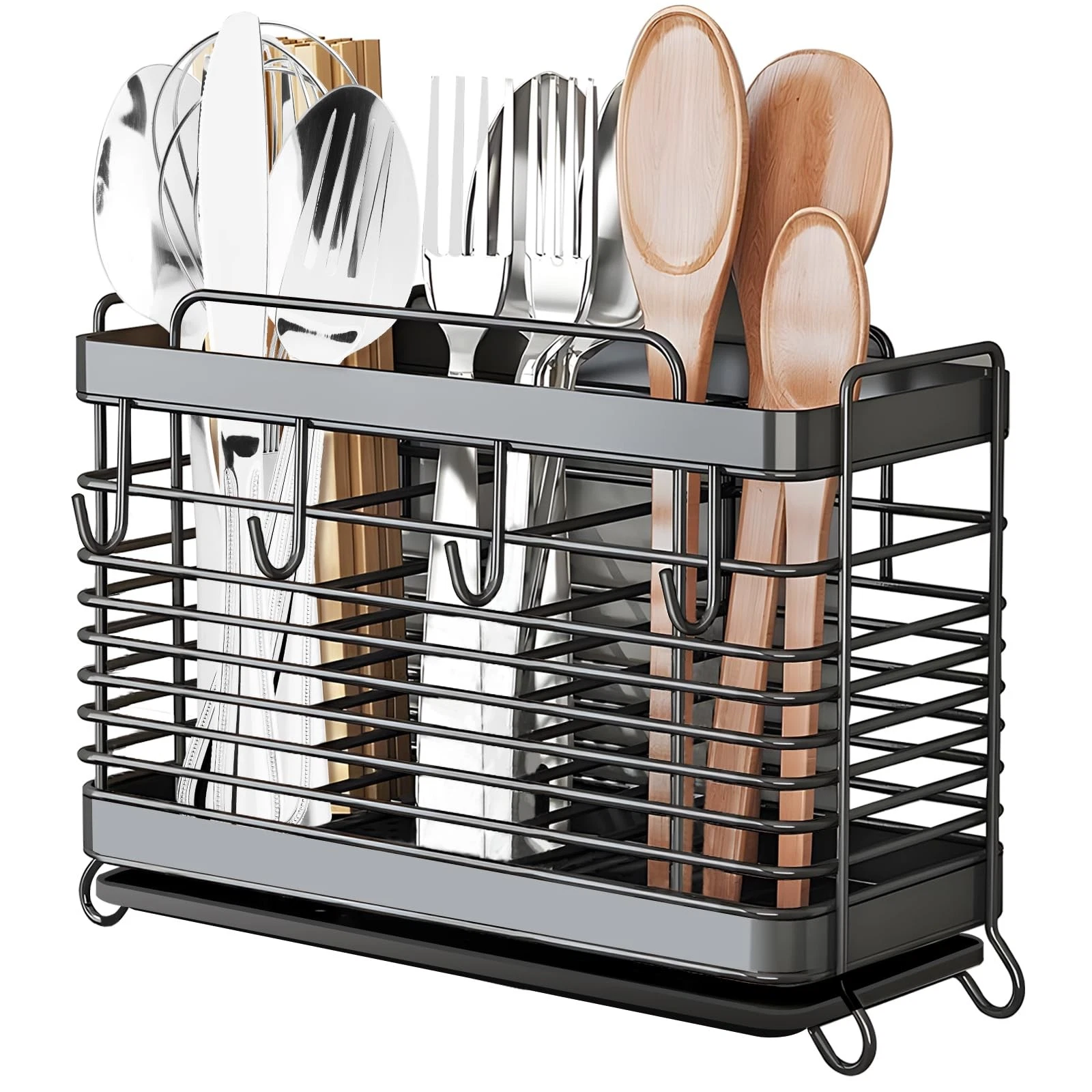 Black Stainless Steel Kitchen Utensil Drying Rack Holder With Drain Tray