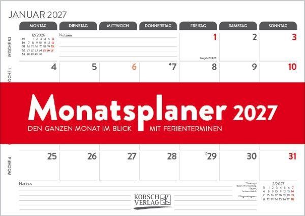 Monatsplaner 2027 Verlag Korsch