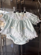 Vintage Infant Baby Girl  s Blue Laced Party Outfit Dress And Bloomers 0-6M