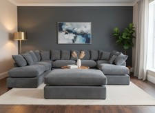 Cinema U SHAPE SOFA SALE , Brand New Grey cord Corner Sofa Bed With  Footstool