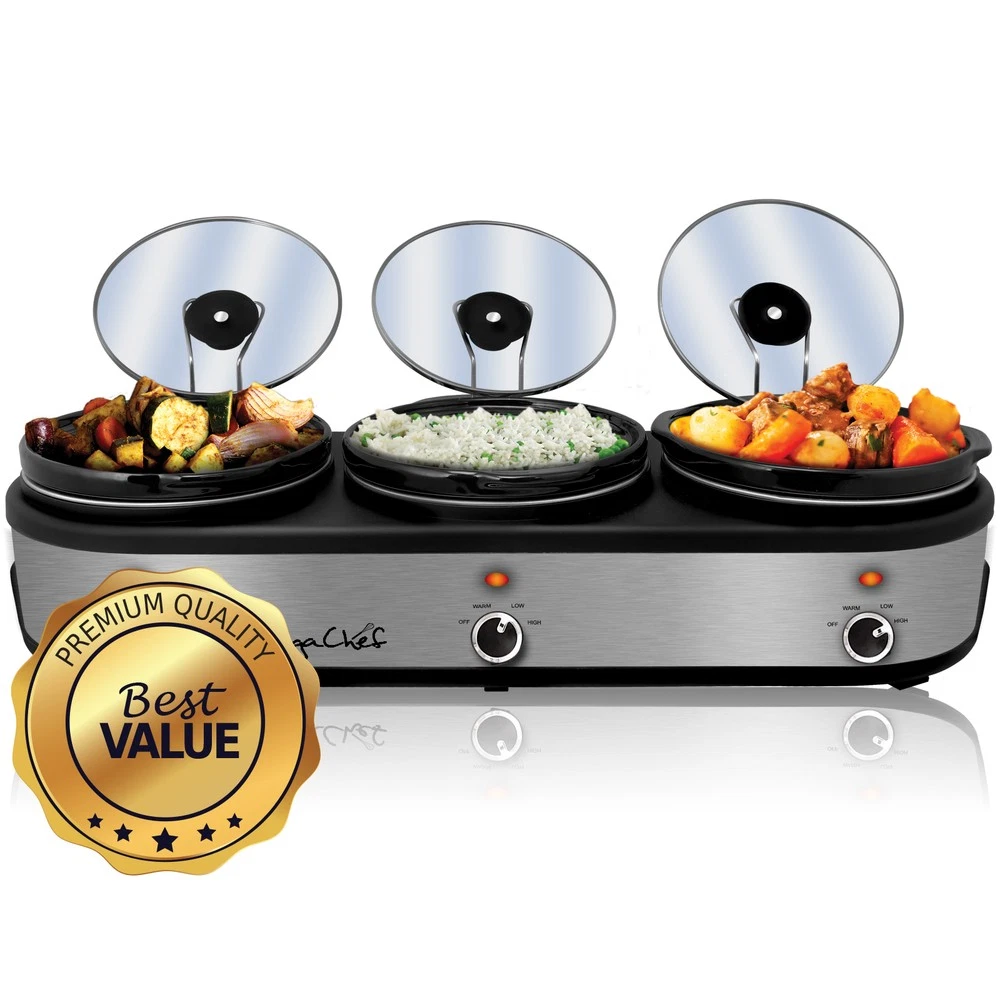 Megachef Mc-1203 Triple 2.5 Quart Slow Cooker And Buffet Server In Brushed