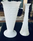 Vintage White Milk Glass Hobnail flared Vase 9.5" & Stars & Bars Set