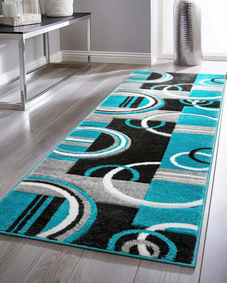 Geometric Blue Ruby Echo Runner Rug - Beveled Circle Pattern, Easy Clean