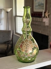 Antique Handpainted Citrine Pontiled Glass Barber Bottle Gold Floral 7.75?