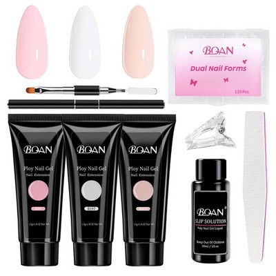 BQAN Poly Nail Gel Kit, 3 Colors -Pink Nude White- Extension