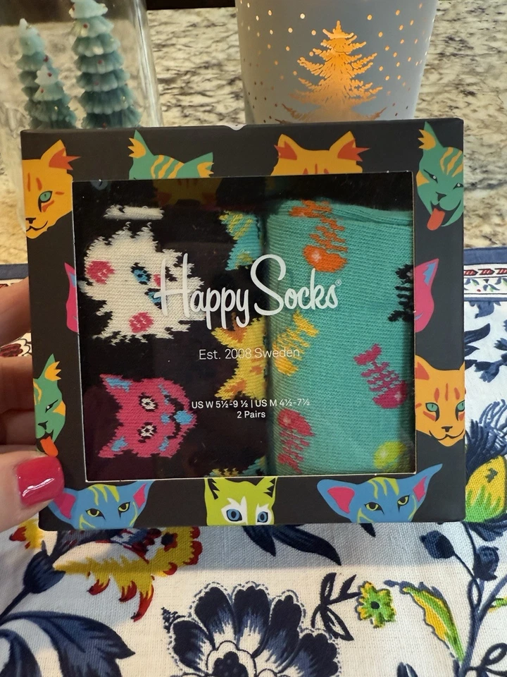 NOVO Conjunto de 2 Meias de Algodão Happy Socks Cat Lover Crew, Feminino Tamanho 5.5-9.5 - Imagem 2 de 4