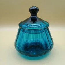 Vtg TEAL BLUE Colony "Circus Tent" Lidded Candy Jar Optic Art Glass Dish empoli 