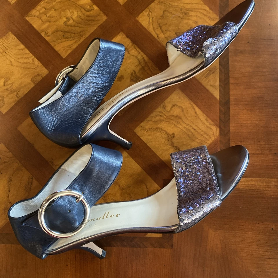 Sandalias Bettie Muller Y2K Vintage Tacón Gatito Brillo Tirantes 39 9 Plateado Azul Foto 4 de 4