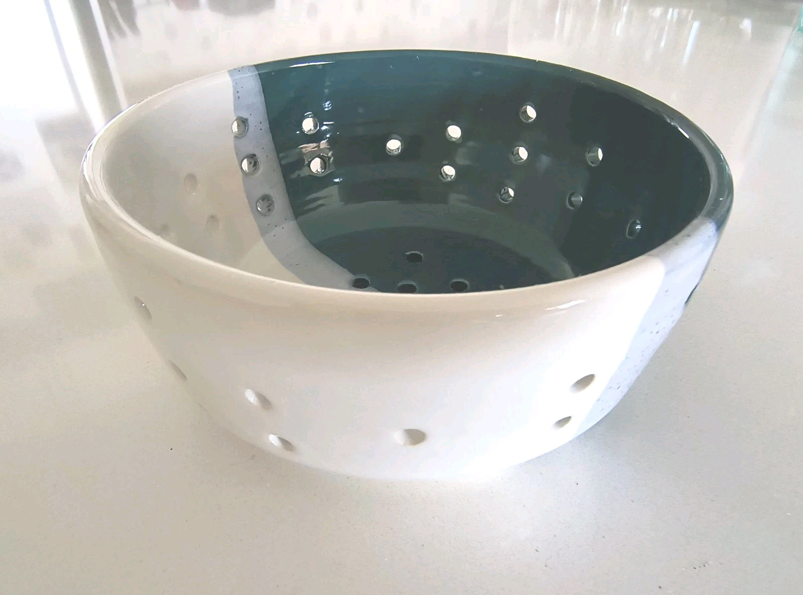 Colander Berries Pittery Bowl  Strainer Ceramic White Green 6.25" 