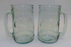 2 COCA-COLA MUGS Green Heavy Handle Indiana Glass Vintage 17oz Embossed Soda