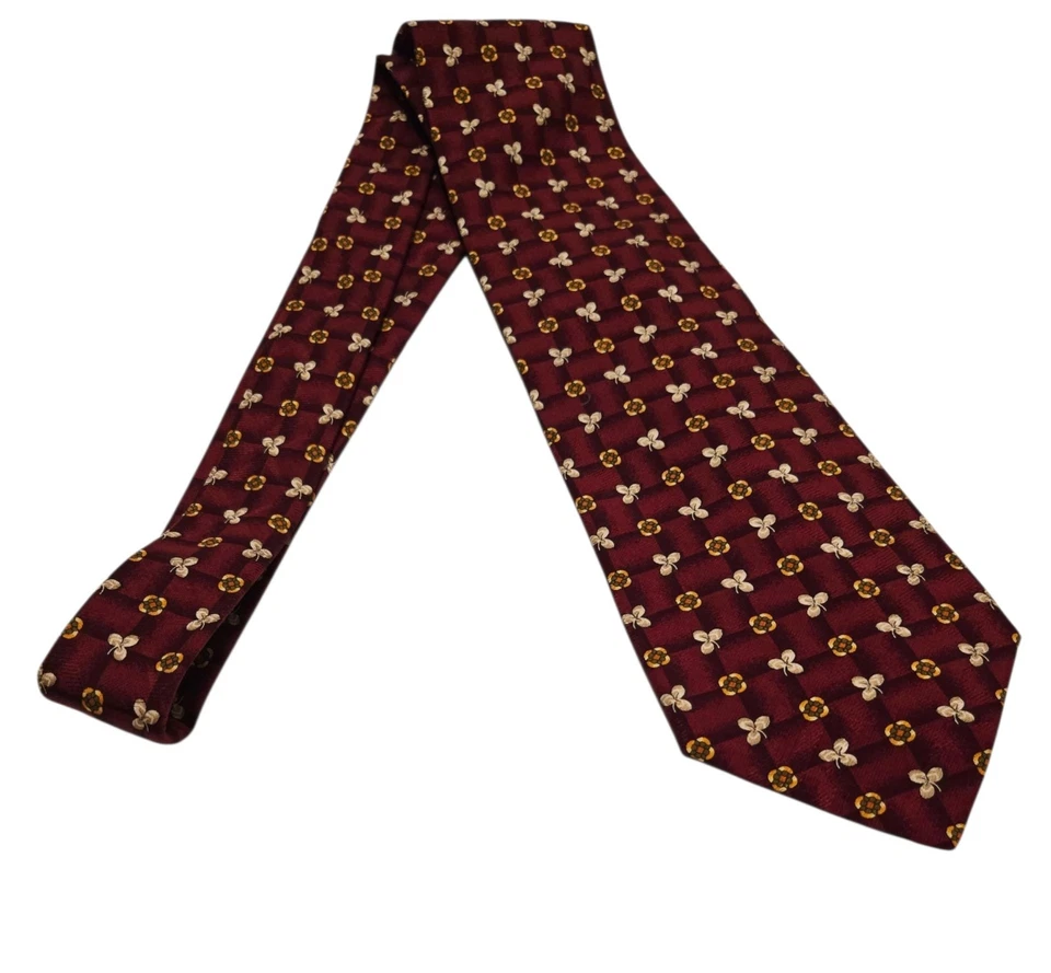Burberry Mens Tie Red Three Leaf Clover 100% Silk Florets Flowers  - Image 3 of 4