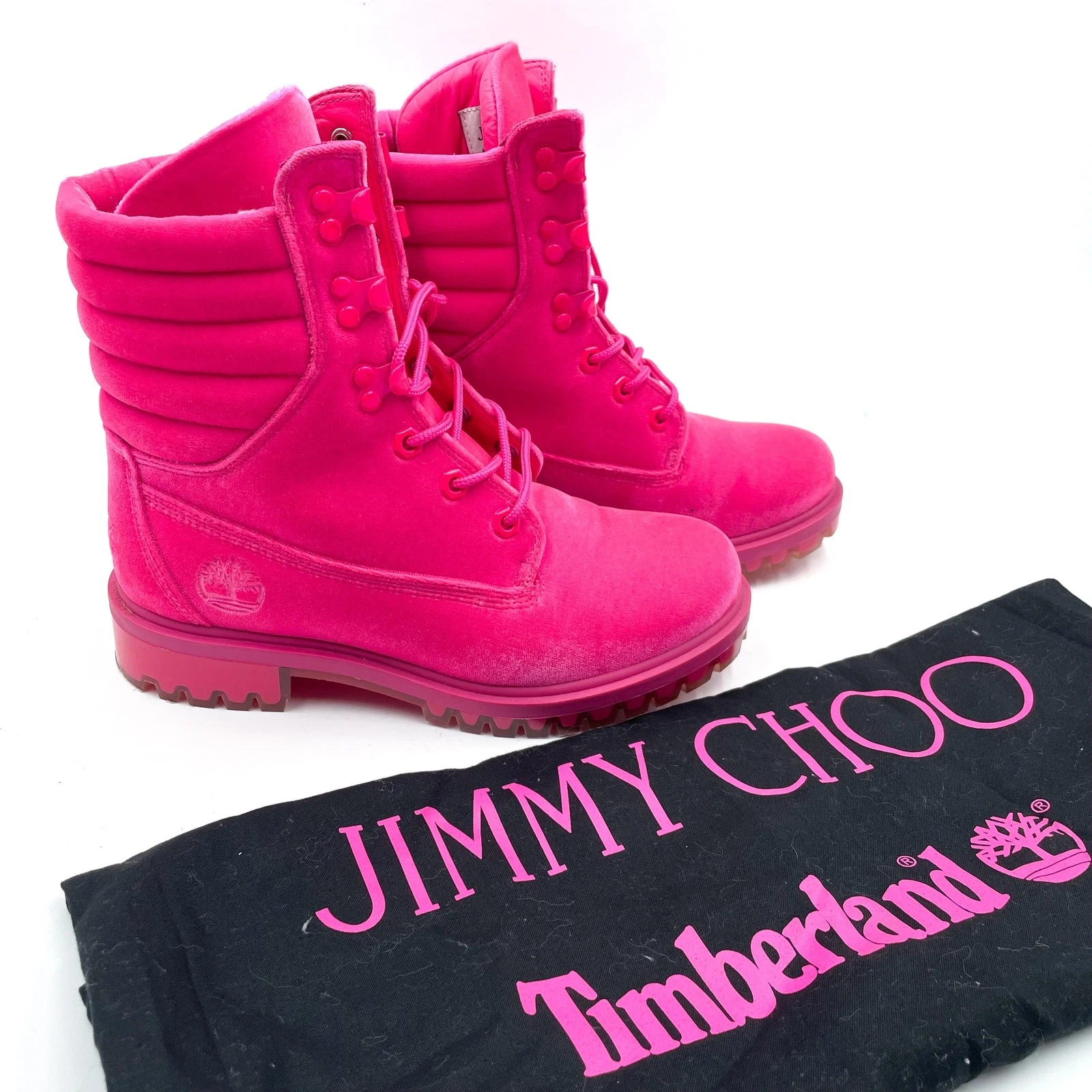 Stivali utility Jimmy Choo Timberland in velluto rosa stringati alla caviglia taglia 6 5