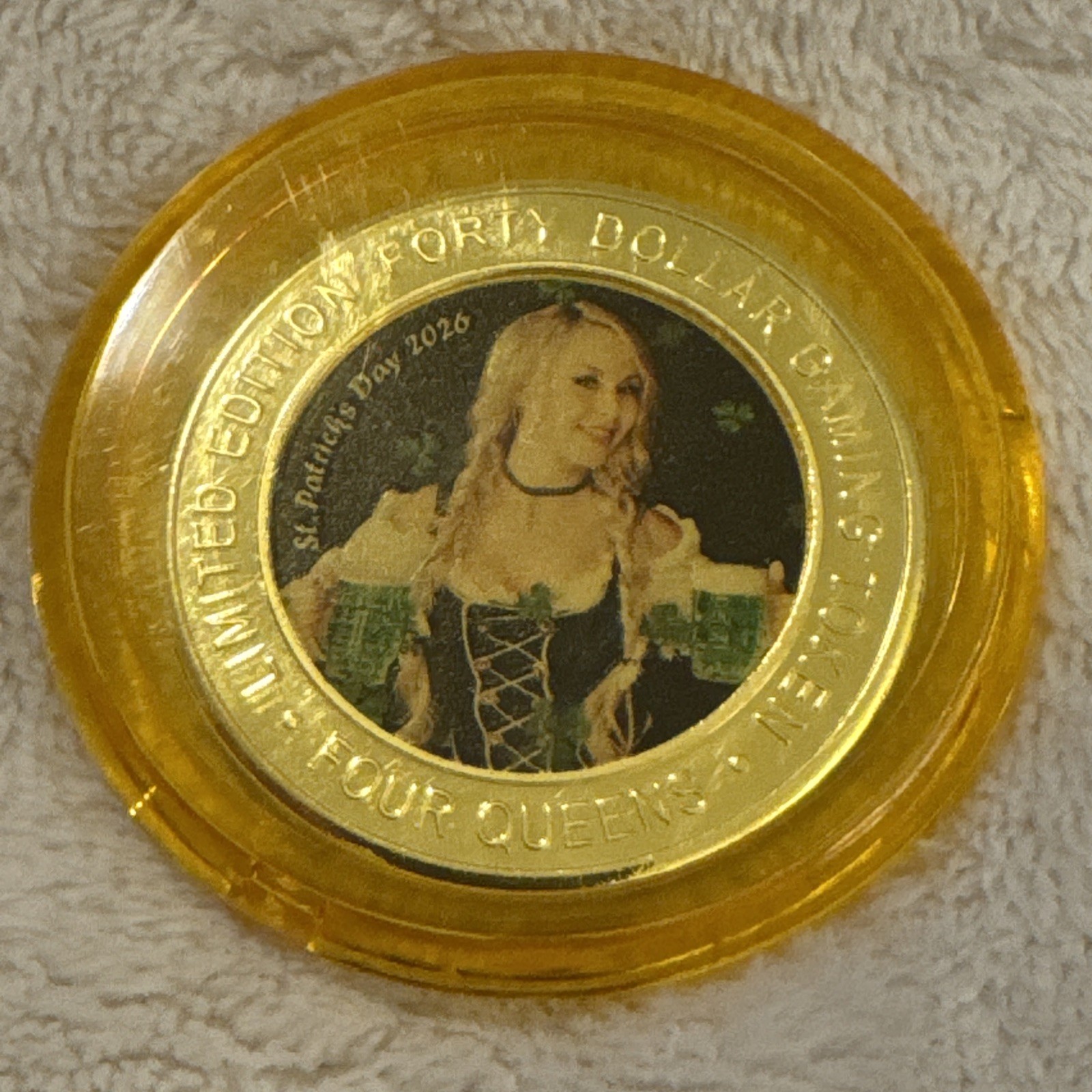 Four Queens St. Patrick's Day 2026 Beer Maiden Silver Strike $40 Yellow Cap