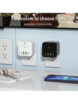 Black US Plug Socket Extender With 2 USB-A 2 USB-C 4 Outlets Surge Protection