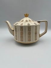 Vintage Japanese Porcelain Teapot Gold Floral Panels Crackle Glaze 5.5 Mid Cent