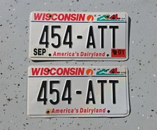 Plaques d'immatriculation Wisconsin WI # 454 ATT étiquette expirée en 2001 paire de 2 assorties