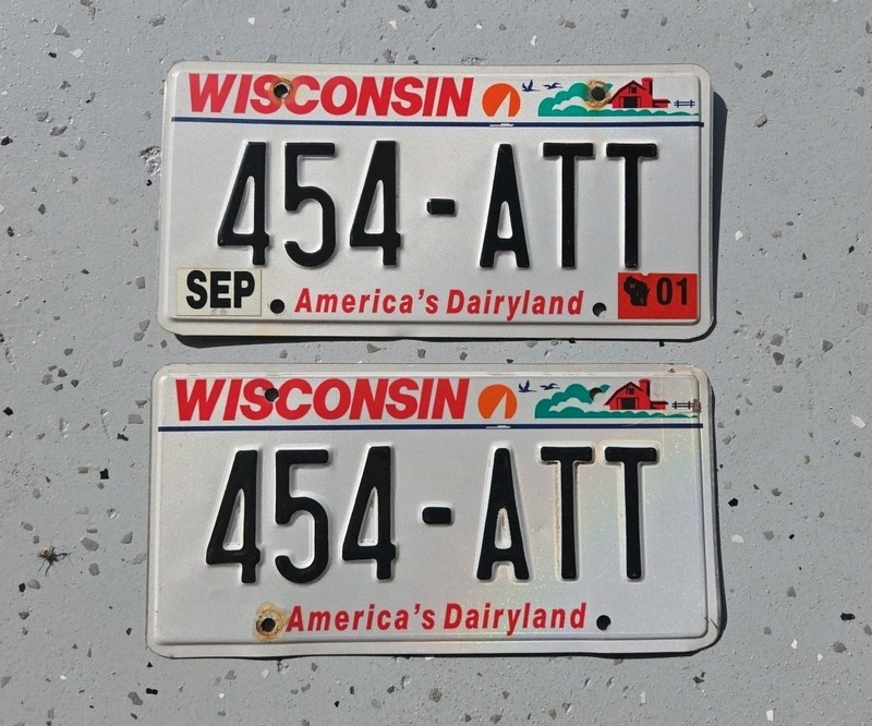 Wisconsin License Plates WI # 454 ATT Tag Expired In 2001 Matching Pair Of 2 