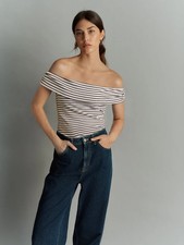 Navy/White Stripe Bardot Off The Shoulder Summer Ribbed Top - Size 18 - RRP £26