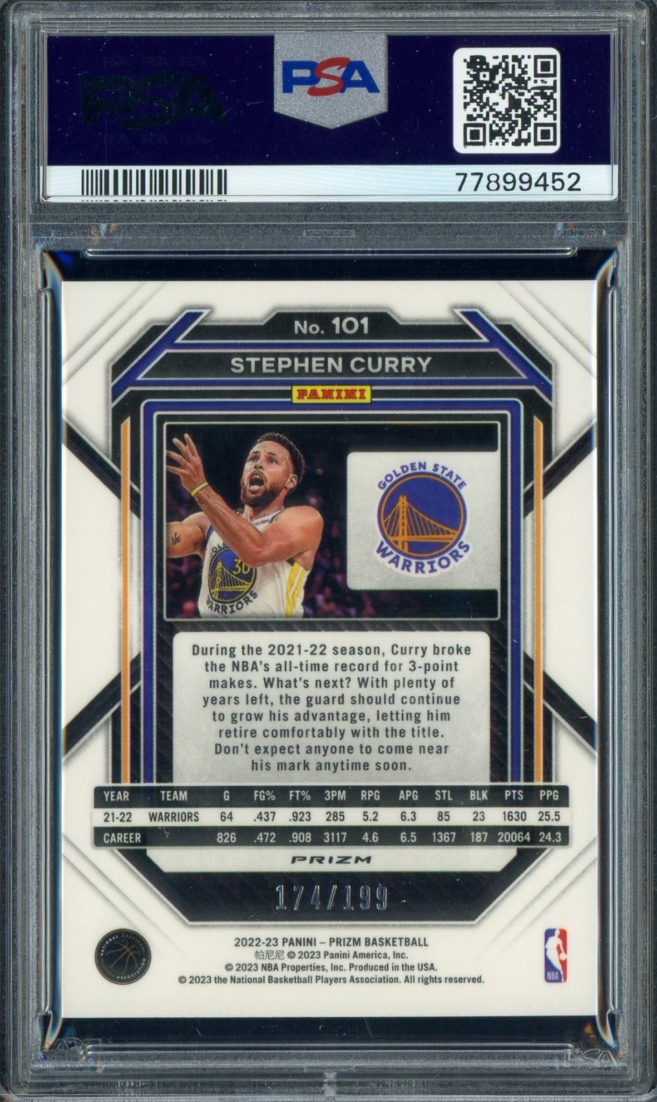 2022 Panini Blue Prizm #101 Stephen Curry Warriors 174/199 PSA 10 GEM MINT view 2