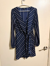 Express Navy White Striped V-Neck Wrap Mini Dress Long Sleeve Tie XS